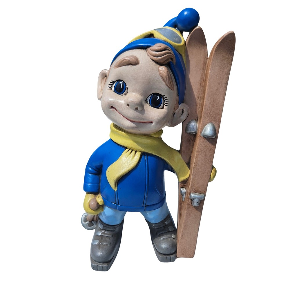 Vtg Atlantic Mold Ceramic Blue Skiing Boy Figurine Large Eye Retro Winter Decor